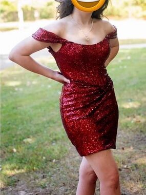 Sherri Hill Sparkling Crimson Off-Shoulder Sequin Mini